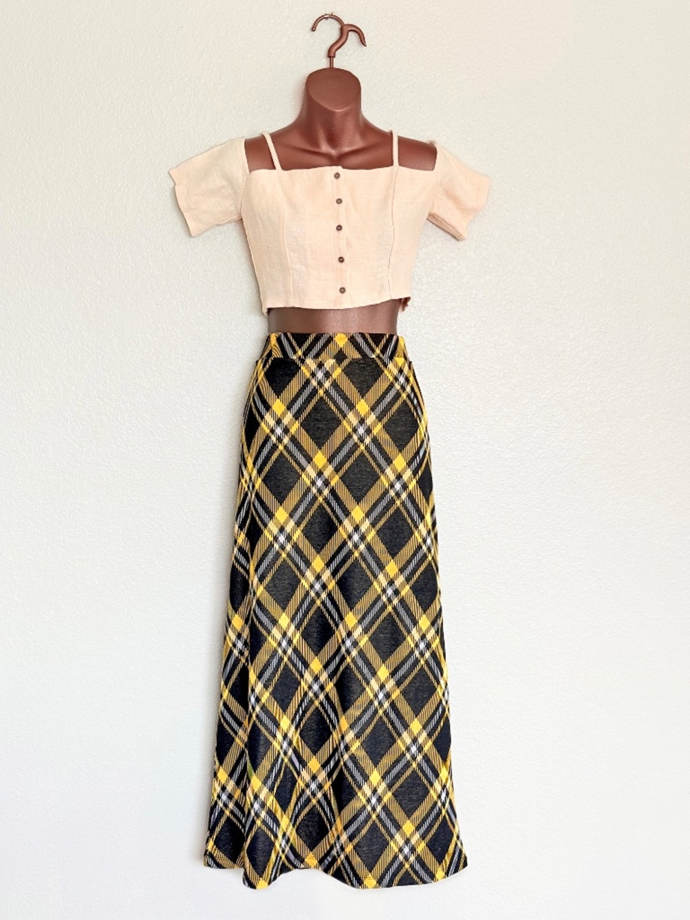 Retro 90s Grunge Yellow Tartan Plaid A-Line Maxi Skirt Dark Academia Clueless S
